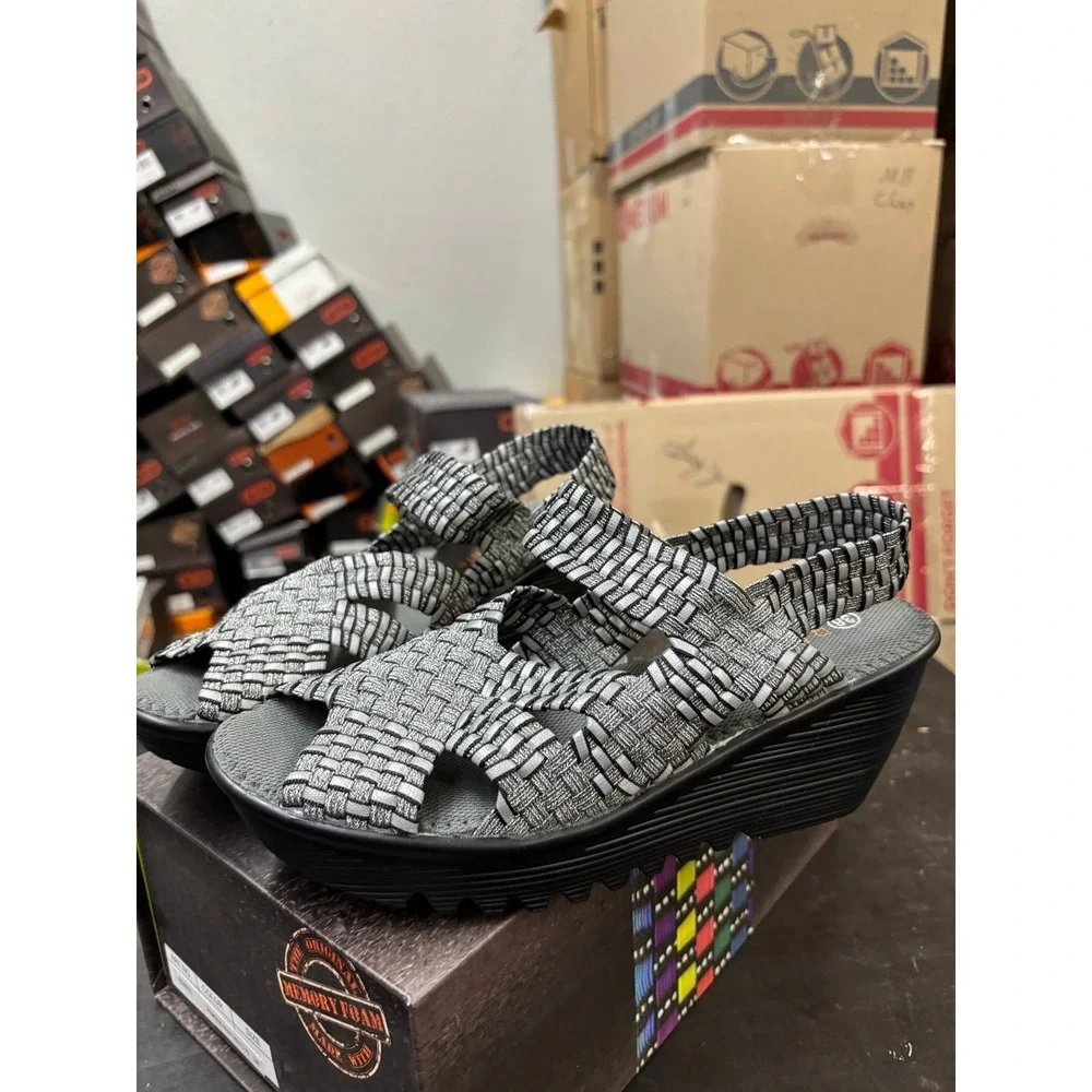 Bernie Mev Agnes Pewter Reflective Woven Wedge Sandals Womens Size 38 US 7.5